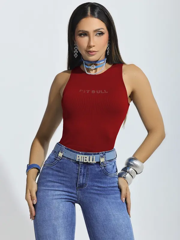 Regata Casual sem Costura com Escrita Brilhosa Pit Bull Jeans Premium