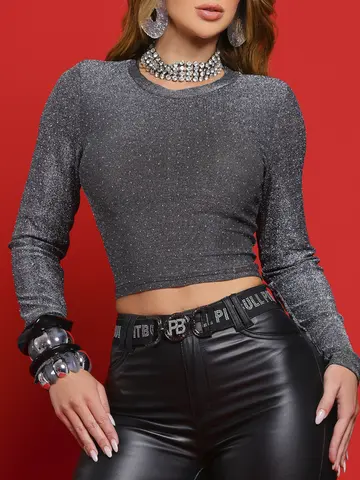 Blusa Manga Longa Elegante e Sofisticada com Aplicação de Pedrarias Pit Bull Jeans