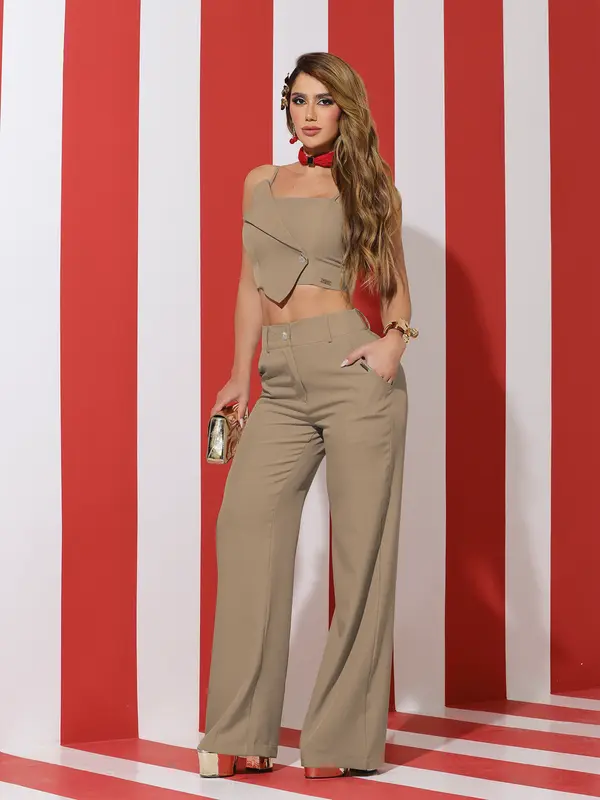 Conjunto Calça Wide Leg e Cropped Elegante e Sofisticado Empório Pit Bull