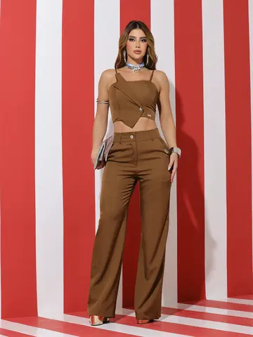 Conjunto Calça Wide Leg e Cropped Elegante e Sofisticado Empório Pit Bull