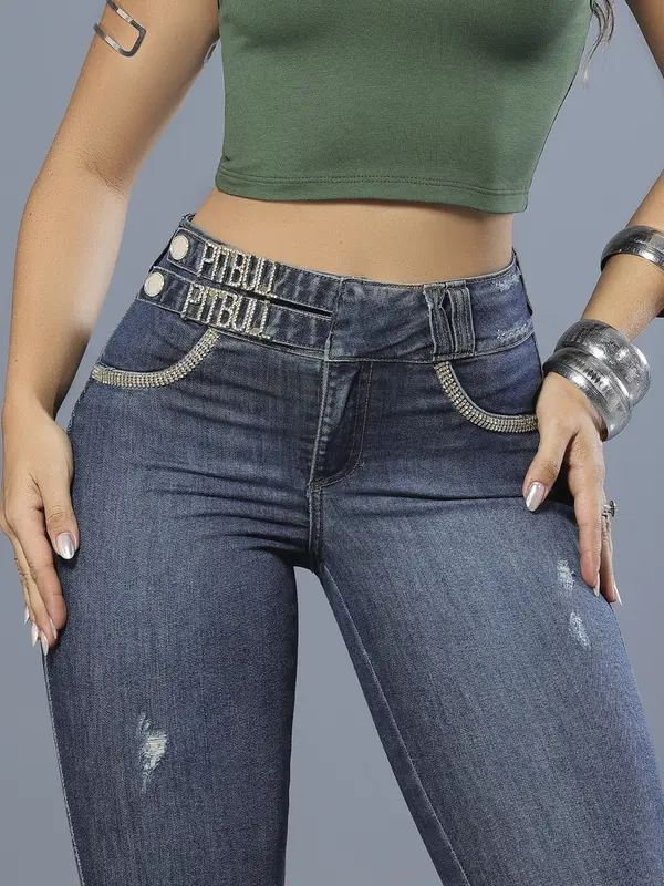 Calça Skinny Modeladora e Sofisticada com Detalhes em Strass Pit Bull Jeans Luxo