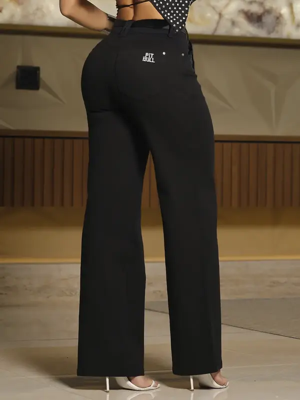 Calça Wide Leg Preta com Caimento Elegante e Cinto Personalizado Pit Bull Jeans Premium