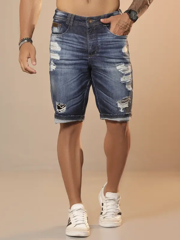 Bermuda Masculina Estilosa e Casual com Detalhes Destroyed Pit Bull Jeans Luxo