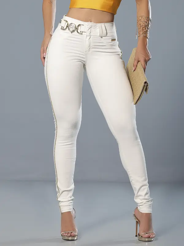 Calça Skinny Cós Largo Color Modeladora e Estilosa com Detalhes Únicos Pit Bull Jeans Luxo