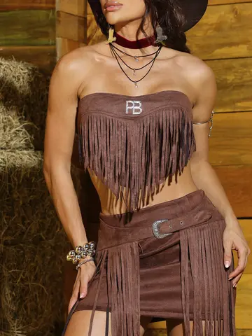 Conjunto Saia e Cropped Fashion e Sofisticado com Detalhes de Franjas Pit Bull Jeans Luxo