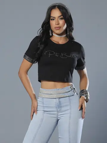 Cropped Preto Casual com Escrita Brilhosa e Elástico nas Mangas Pit Bull Jeans