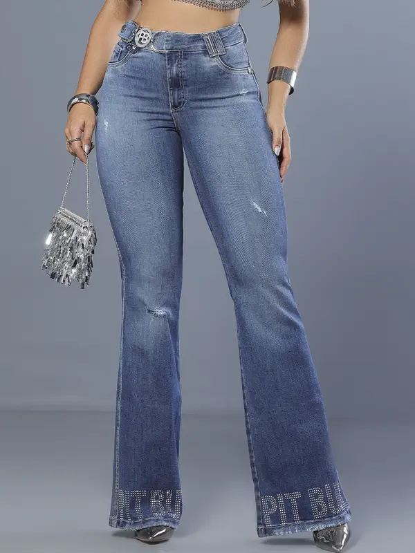 Calça Flare Elegante com Caimento Sofisticado e Escrita Brilhosa Pit Bull Jeans Luxo