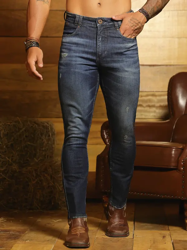 Calça Slim Masculina Casual e Sofisticada com Detalhes Puídos Pit Bull Jeans Luxo