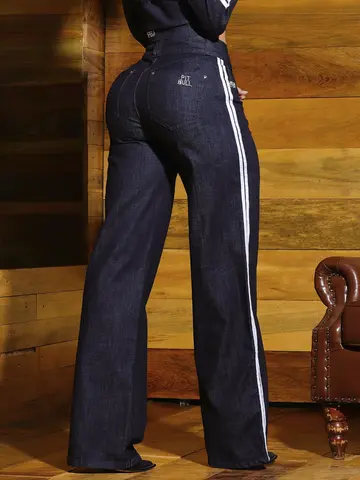 Calça Wide Leg Sofisticada e Versátil com Faixa Lateral Pit Bull Jeans Luxo