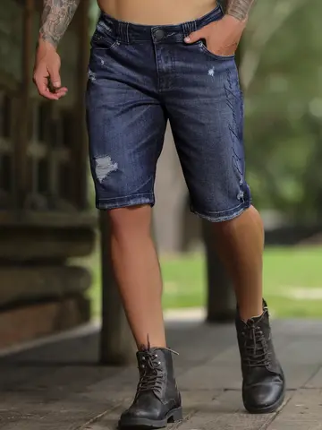 Bermuda Masculina Autêntica com Bordado Lateral e Lavado Escuro Pit Bull Jeans Luxo