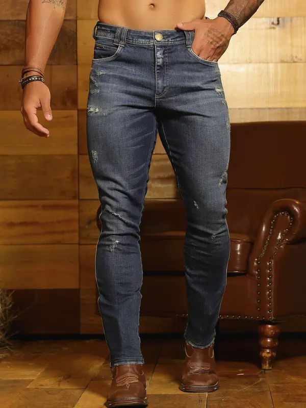 Calça Masculina Urbana e Casual com Detalhes Destroyed Pit Bull Jeans Luxo