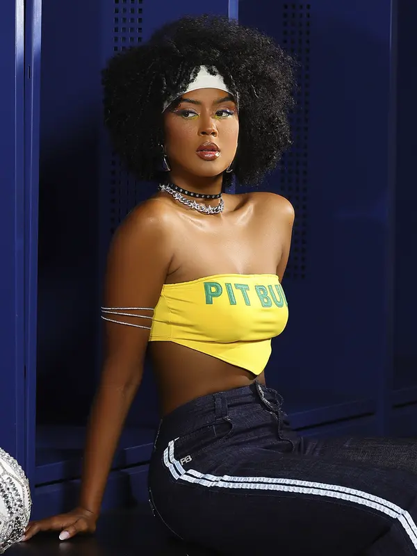 Cropped Faixa Casual e Modelador com Estampa em Relevo Pit Bull Jeans Luxo