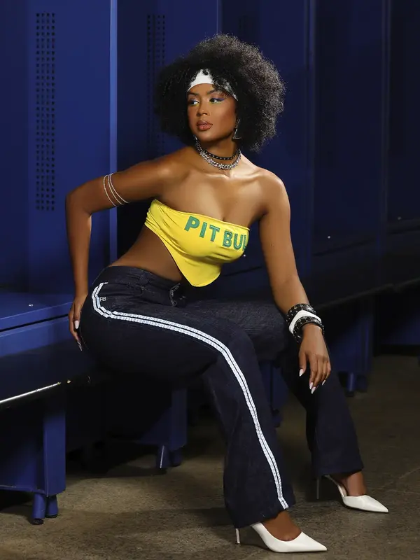 Cropped Faixa Casual e Modelador com Estampa em Relevo Pit Bull Jeans Luxo