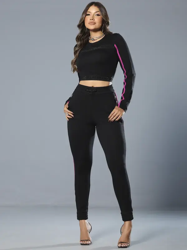 Calça Jogger Preta Estilosa e Confortável com Lateral Personalizada Pit Bull Jeans Luxo