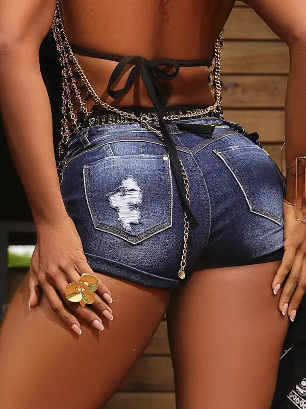 Short Fashion e Modelador com Elástico no Cós e Estilo Destroyed Pit Bull Jeans Luxo