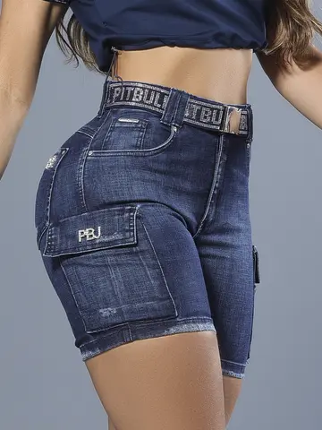 Bermuda Feminina Estilosa com Bolsos Cargo e Cinto Personalizado Pit Bull Jeans Luxo