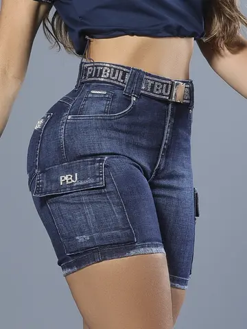 Bermuda Feminina Estilosa com Bolsos Cargo e Cinto Personalizado Pit Bull Jeans Luxo