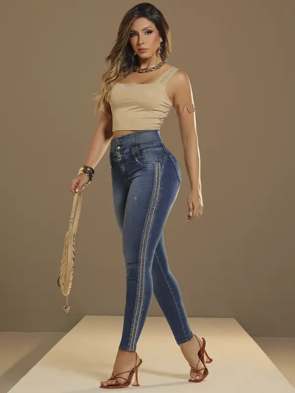 Calça Cintura Perfeita Modeladora e Sofisticada com Strass Lateral Pit Bull Jeans Luxo