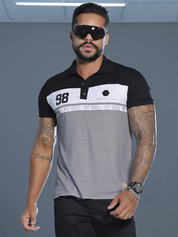 Polo Masculina Autêntica e Sofisticada com Estampa em Relevo Pit Bull Jeans Luxo