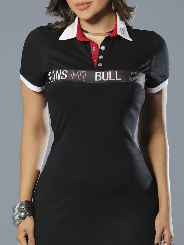 Vestido Polo Manga Curta Preto Casual e Estiloso com Modelagem Ajustada Pit Bull Jeans