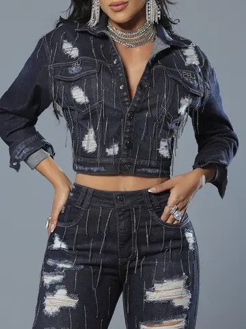 Jaqueta Cropped Estilosa com Detalhes Destroyeds e Franjas de Strass Pit Bull Jeans Luxo