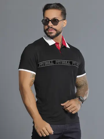 Polo Masculina Preta Sofisticada e Versátil com Escrita em Relevo Pit Bull Jeans Luxo