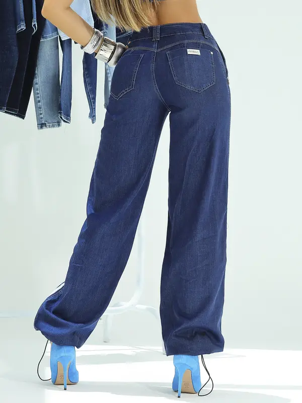 Calça Wide Leg Estilosa e Confortável com Faixa Lateral e Barra Ajustável Pit Bull Jeans Premium