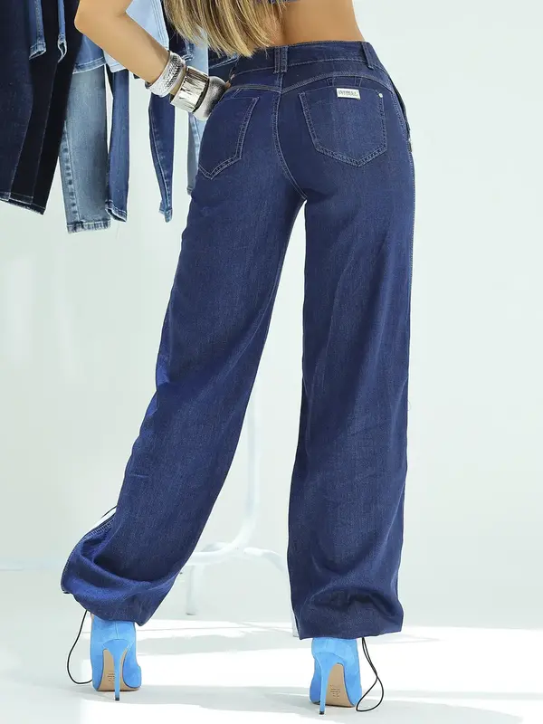 Calça Wide Leg Estilosa e Confortável com Faixa Lateral e Barra Ajustável Pit Bull Jeans Premium
