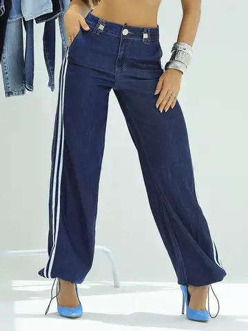 Calça Wide Leg Estilosa e Confortável com Faixa Lateral e Barra Ajustável Pit Bull Jeans Premium