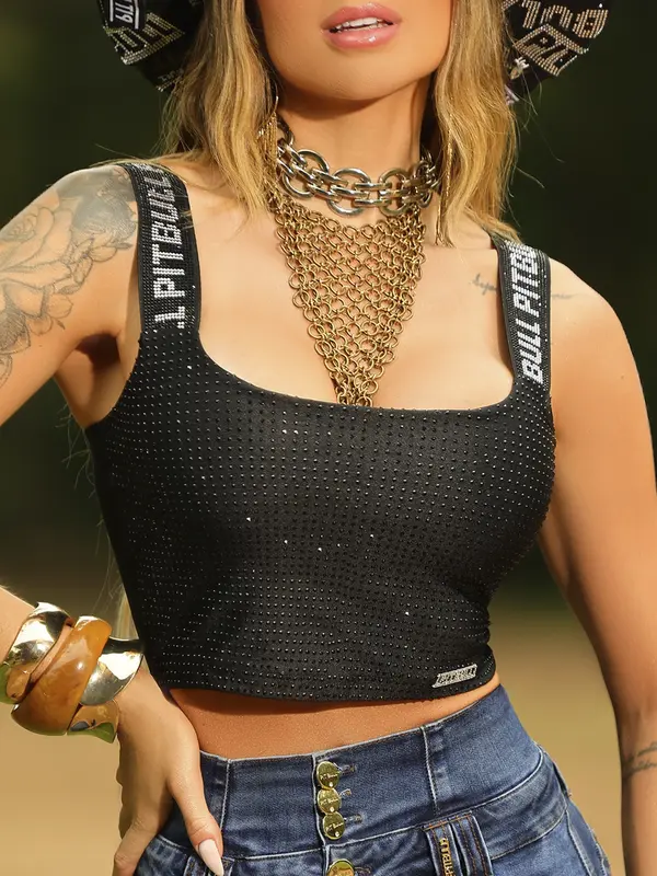 Top Conceito Sofisticado com Pedrarias e Alças Personalizadas Pit Bull Jeans Luxo