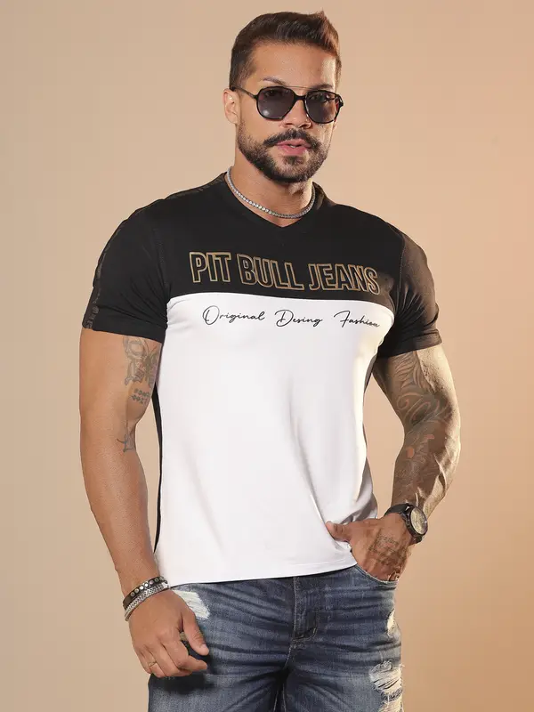 Camiseta Masculina Gola V Estilosa e Moderna Pit Bull Jeans Luxo