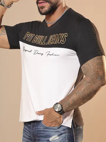 Camiseta Masculina Gola V Estilosa e Moderna Pit Bull Jeans Luxo