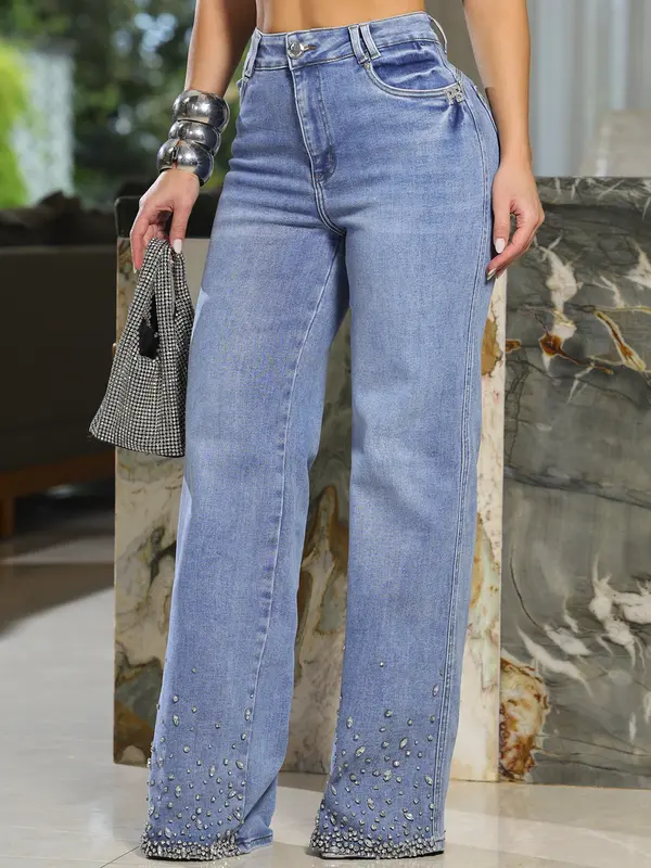Calça Wide Leg Conceito Estilosa e Sofisticada com Pedrarias na Barra Pit Bull Jeans Luxo