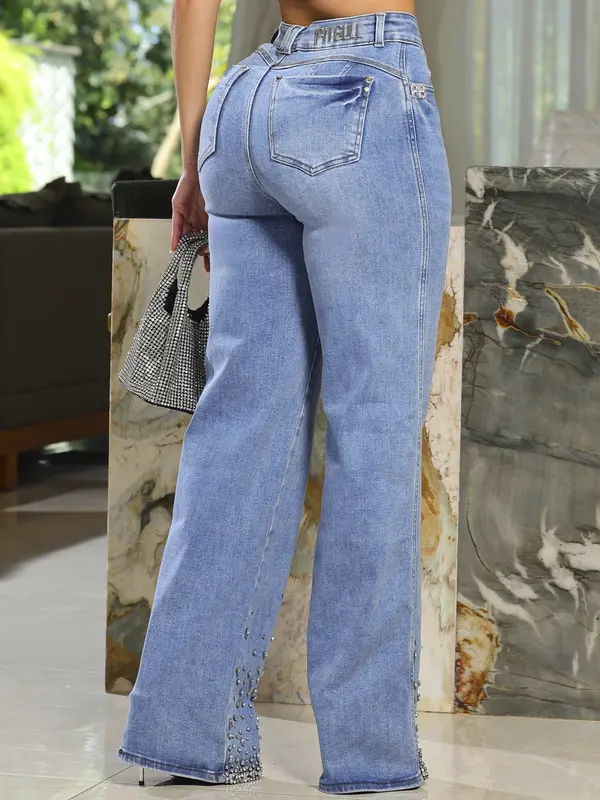 Calça Wide Leg Conceito Estilosa e Sofisticada com Pedrarias na Barra Pit Bull Jeans Luxo