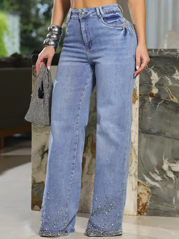 Calça Wide Leg Conceito Estilosa e Sofisticada com Pedrarias na Barra Pit Bull Jeans Luxo