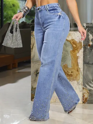 Calça Wide Leg Conceito Estilosa e Sofisticada com Pedrarias na Barra Pit Bull Jeans Luxo