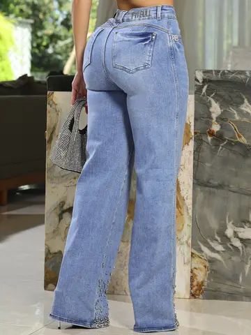 Calça Wide Leg Conceito Estilosa e Sofisticada com Pedrarias na Barra Pit Bull Jeans Luxo