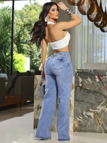 Calça Wide Leg Conceito Estilosa e Sofisticada com Pedrarias na Barra Pit Bull Jeans Luxo