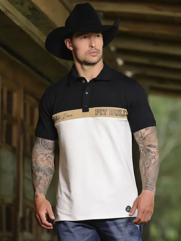 Camiseta Gola Polo Sofisticada e Refinada com Estampa em Relevo Pit Bull Jeans Luxo