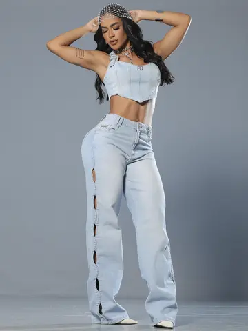 Top Cropped Jeans Sofisticado com Pedrarias e Detalhes Únicos Pit Bull Jeans Luxo