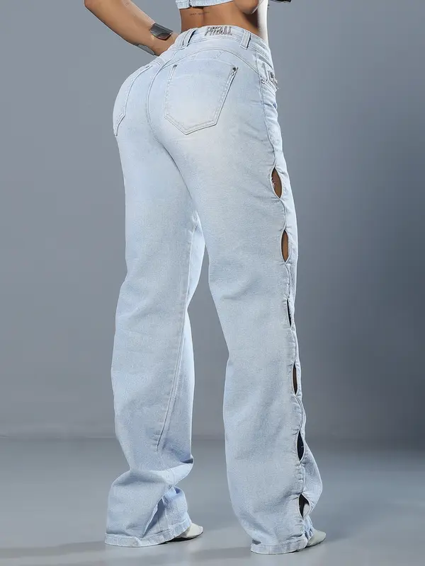 Calça Wide Leg Autêntica e Confortável com Detalhes em Pedrarias Pit Bull Jeans Luxo