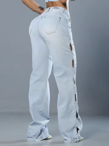 Calça Wide Leg Autêntica e Confortável com Detalhes em Pedrarias Pit Bull Jeans Luxo