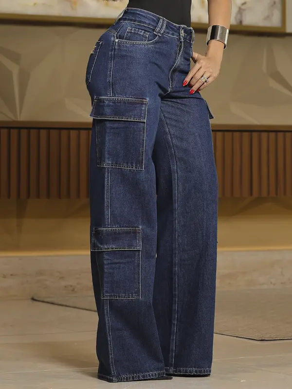 Calça Wide Leg Cargo Jeans Com Recortes Pit Bull Jeans Premium