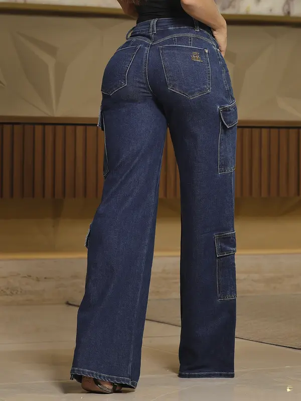 Calça Wide Leg Cargo Jeans Com Recortes Pit Bull Jeans Premium
