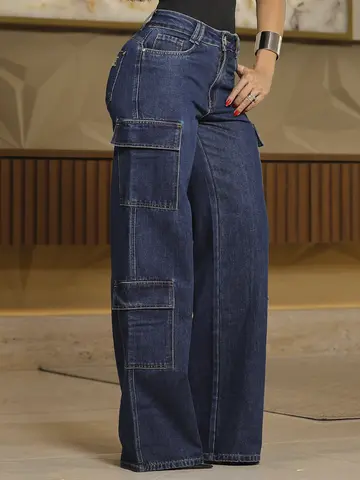Calça Wide Leg Cargo Jeans Com Recortes Pit Bull Jeans Premium