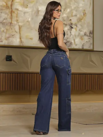Calça Wide Leg Cargo Jeans Com Recortes Pit Bull Jeans Premium