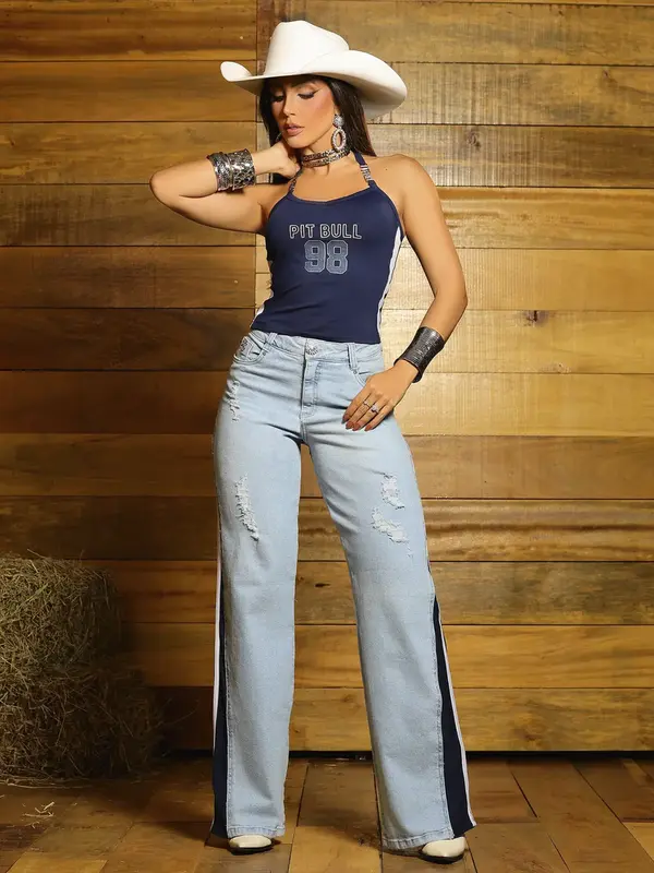 Regata Estilosa e Casual com Alças Personalizadas e Estampa em Relevo Pit Bull Jeans Luxo