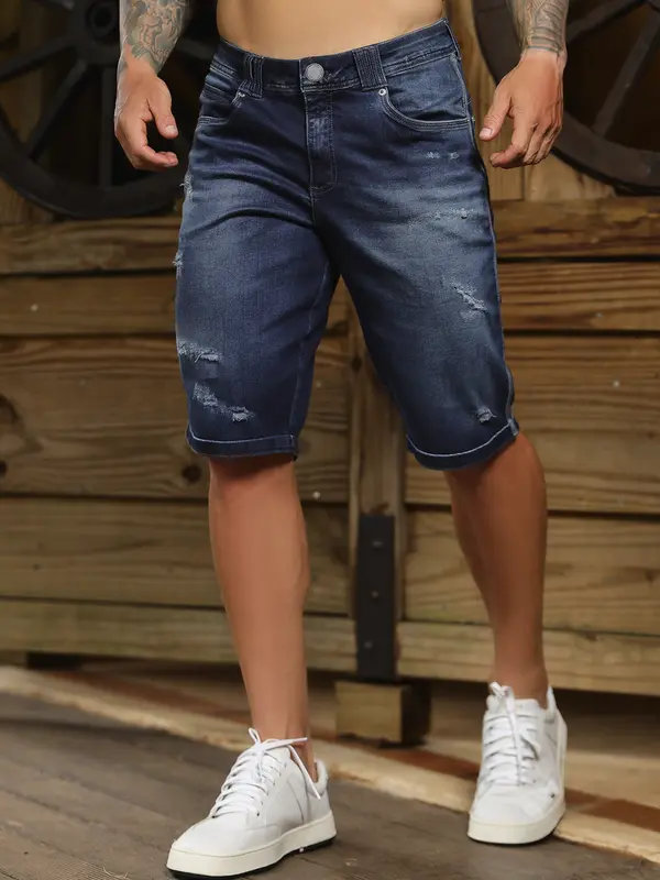 Bermuda Masculina Sofisticada e Confortável com Detalhes Puídos Pit Bull Jeans Luxo