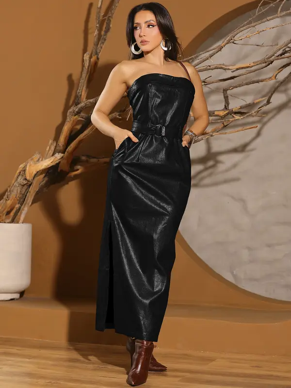 Vestido Midi Elegante e Sofisticado com Fendas Laterais e Cinto Casual Pit Bull Jeans Luxo