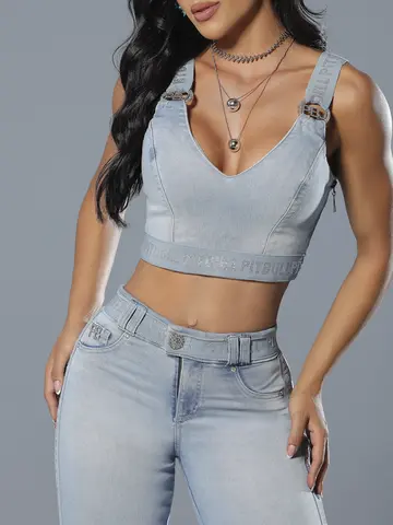 Cropped Jeans Claro Estiloso com Elástico Personalizado Pit Bull Jeans Luxo
